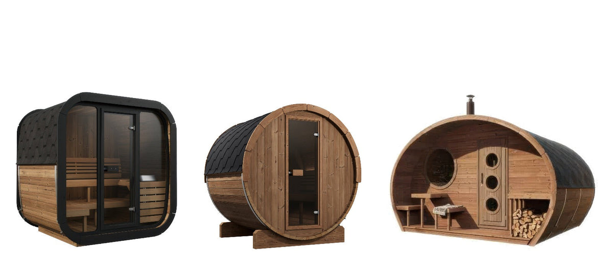 SaunaLife CL5G cube sauna, SaunaLife E7 barrel sauna and SaunaLife G11 garden sauna