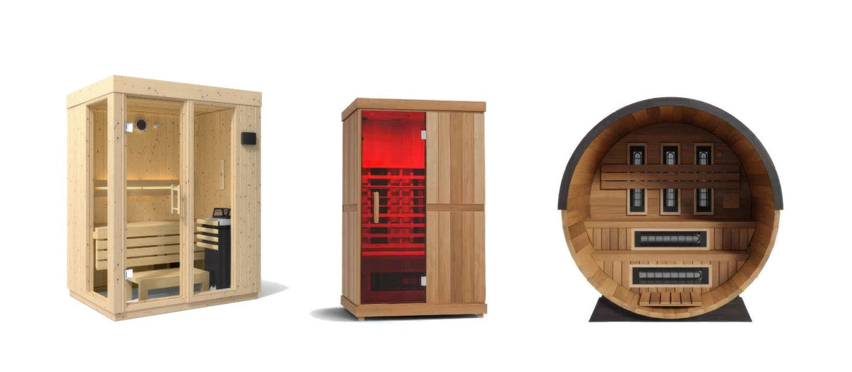 Three saunas on a white background: a Kohler traditional indoor sauna, a Finnmark FD-2 infrared sauna and a Finnmark FD-6 combination barrel