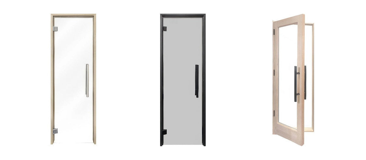 Three PROSAUNAS sauna doors on a white background: 24x81 clear glass with aspen frame, 24x81 grey tinted glass with black alder frame, and a Douglas Fir door with insulated window