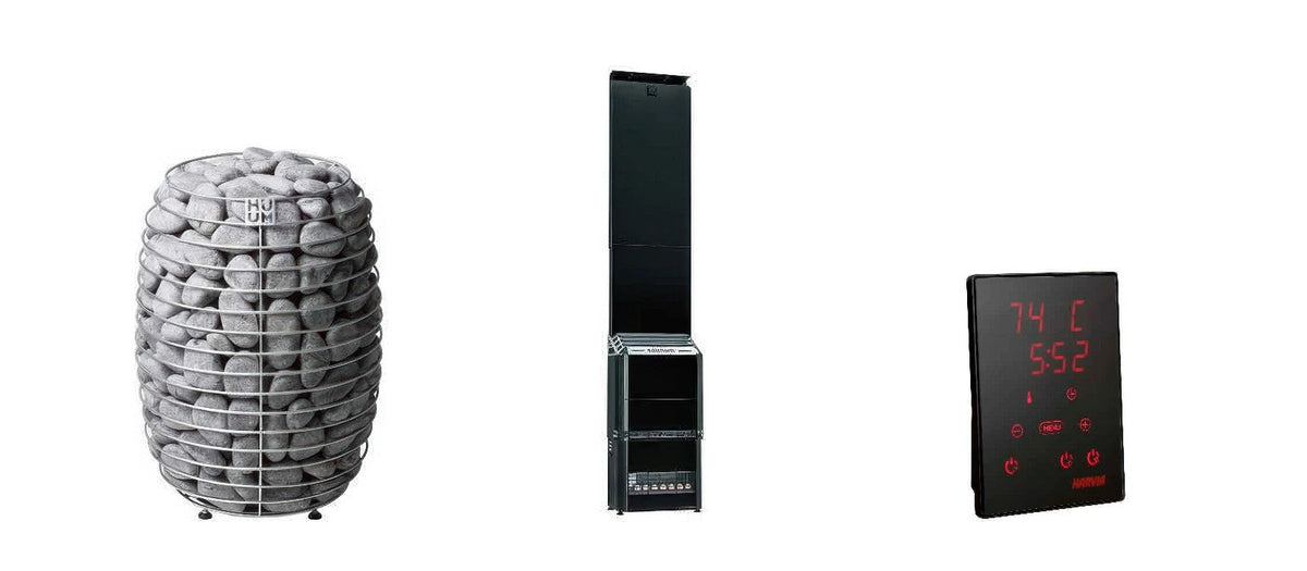 HUUM HIVE sauna heater, Saunum AIR 7 heater and Harvia Xenio CX170 control on a white background