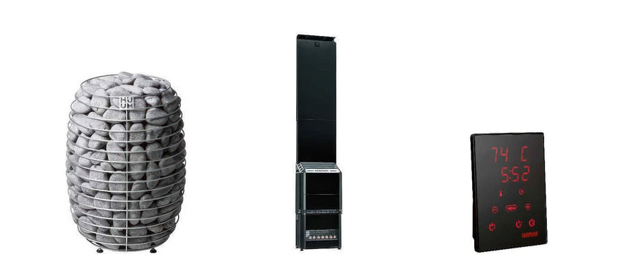 HUUM HIVE sauna heater, Saunum AIR 7 heater and Harvia Xenio CX170 control on a white background