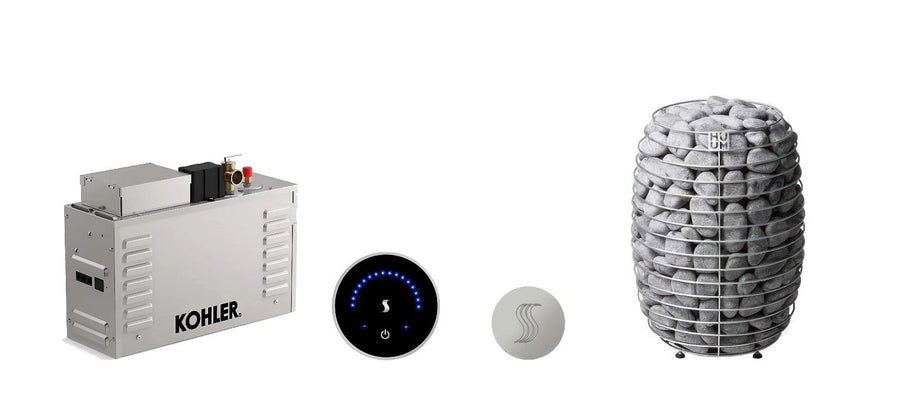 Kohler Invigoration steam generator and ThermaSol MicroTouch steam control with steam head beside a HUUM HIVE sauna heater on a white background
