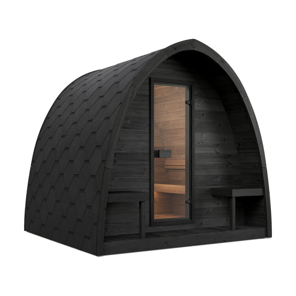 SaunaLife Model G3B arched outdoor sauna with black SaunaShield finish, front three-quarter view