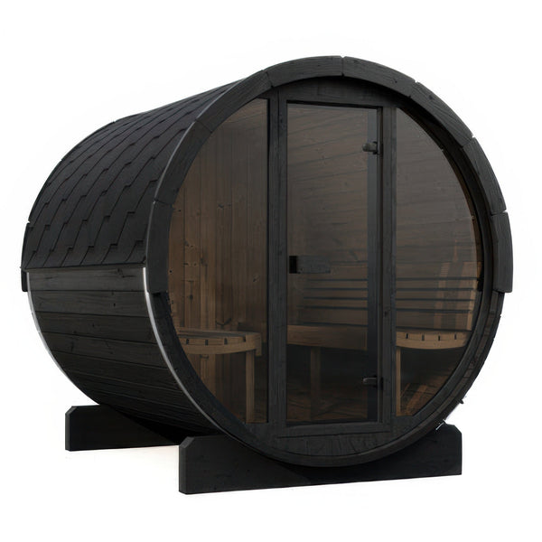 SaunaLife Model E8GB Ergo Series Outdoor Sauna Barrel Kit in black, view 1