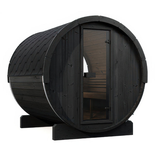 SaunaLife Model E8WB Ergo Series Outdoor Sauna Barrel Kit in black, view 1
