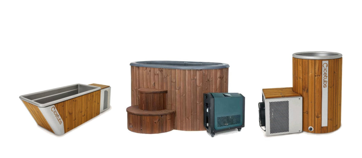 Three cold plunge tubs on a white background: Icetubs IceBath, SaunaLife S2N with chiller, Icetubs IceBarrel