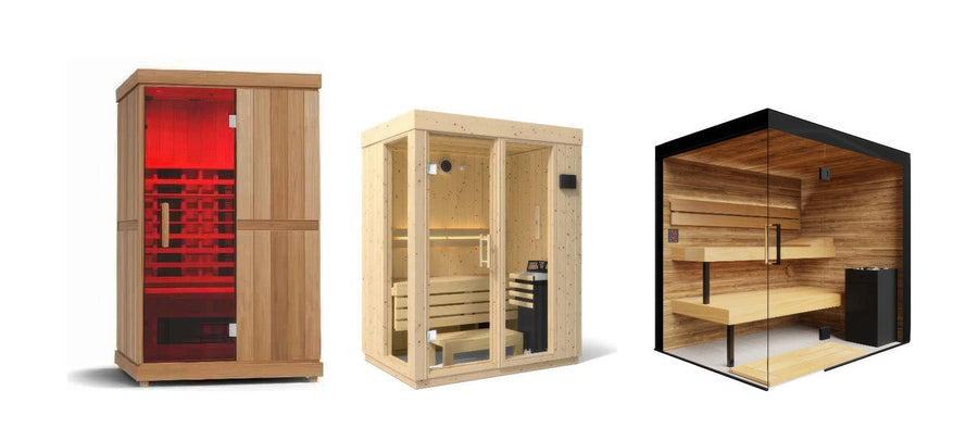 Three indoor saunas on a white background: Finnmark FD-2 infrared sauna, Kohler C1 indoor sauna in Scandinavian spruce and ThermaSol Lumaria glass cabin