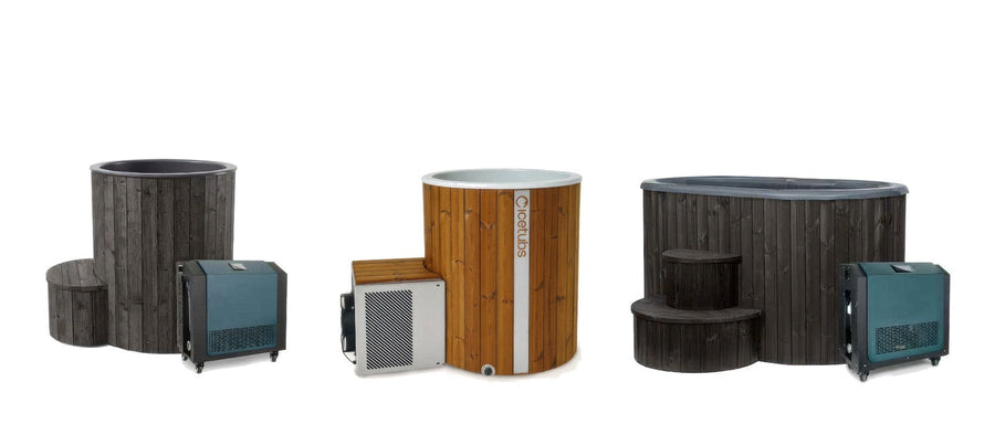 Three cold plunge tubs with their chillers on a white background: SaunaLife S1B with FDC-1A, Icetubs IceBarrel XL with its engine, SaunaLife S2B with AP-1