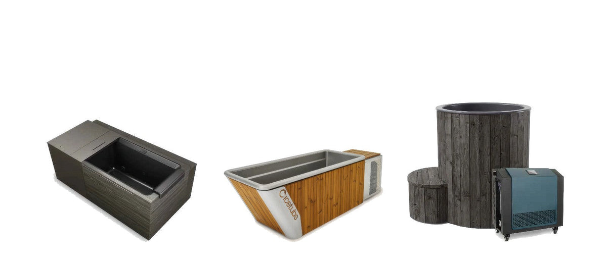 Three cold plunge tubs on a white background: Kohler x Remedy Place Ice Bath, Icetubs IceBath and SaunaLife S1B with its chiller