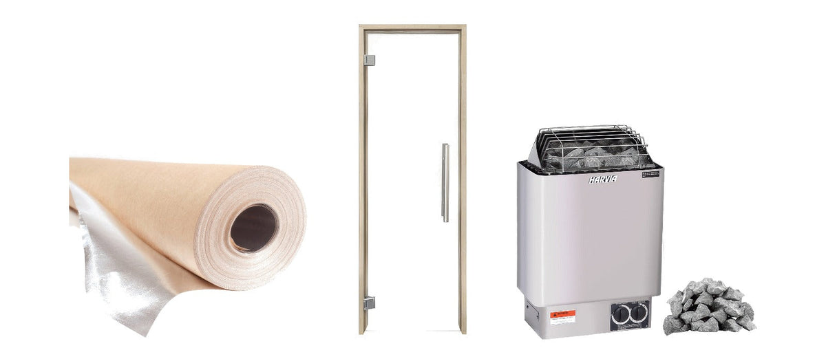 PROSAUNAS foil vapor barrier, PROSAUNAS clear glass sauna door and Harvia KIP80B heater package