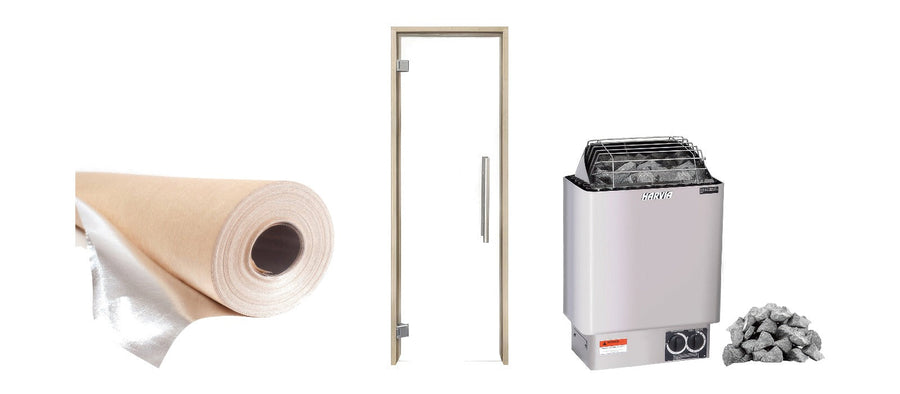 PROSAUNAS foil vapor barrier, PROSAUNAS clear glass sauna door and Harvia KIP80B heater package