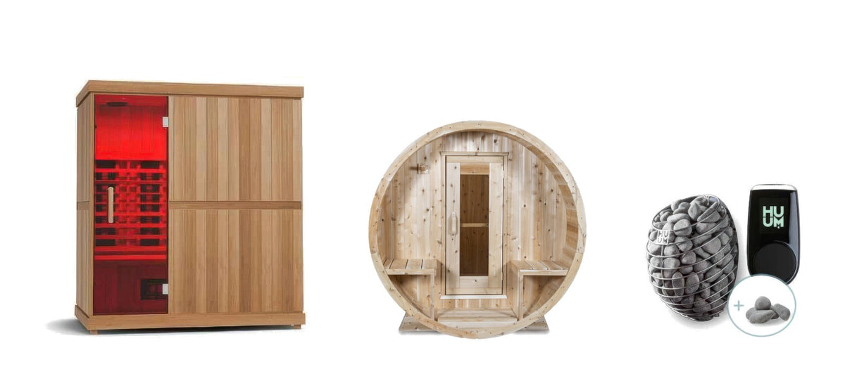 Finnmark FD-3 infrared sauna, Canadian Timber Serenity barrel sauna and HUUM DROP heater package