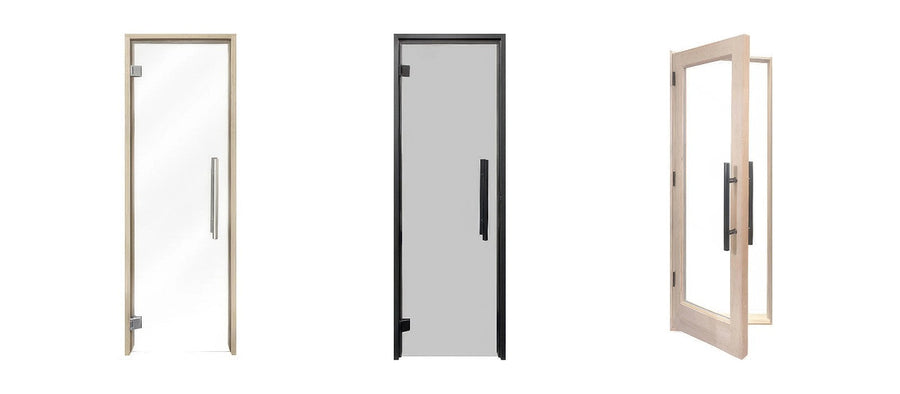 Three PROSAUNAS sauna doors on a white background: 24x81 clear glass with aspen frame, 24x81 grey tinted glass with black alder frame, and a Douglas Fir door with insulated window