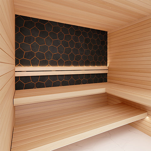 PROSAUNAS Modern Black - Sauna Wall Panels, Irregular Hexagon Pattern, Black Thermo-Abachi