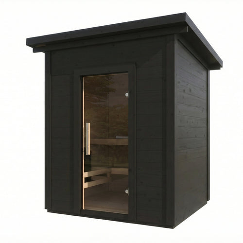 SaunaLife Model G2B outdoor sauna with black SaunaShield finish and clear glass door, front three-quarter view