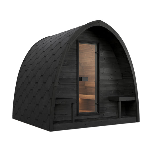 SaunaLife Model G3B arched outdoor sauna with black SaunaShield finish, front three-quarter view