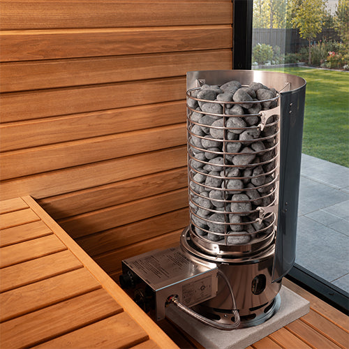 Titan SL1 heat shield installed on the gas sauna heater, rear view