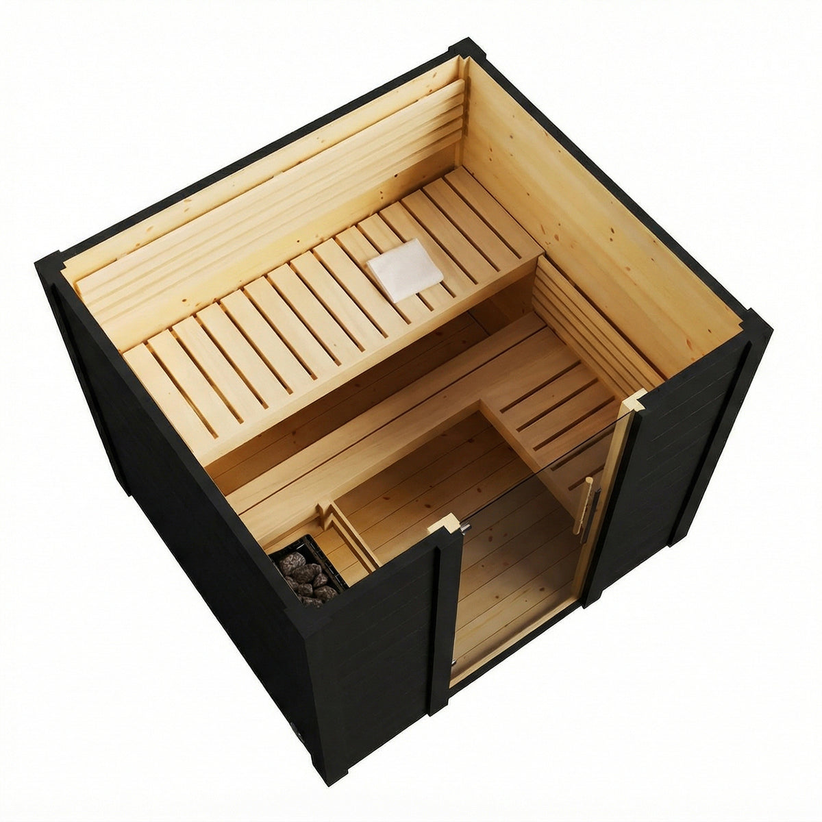 Top-down cutaway of the SaunaLife Model G2B showing the L-shaped aspen benches