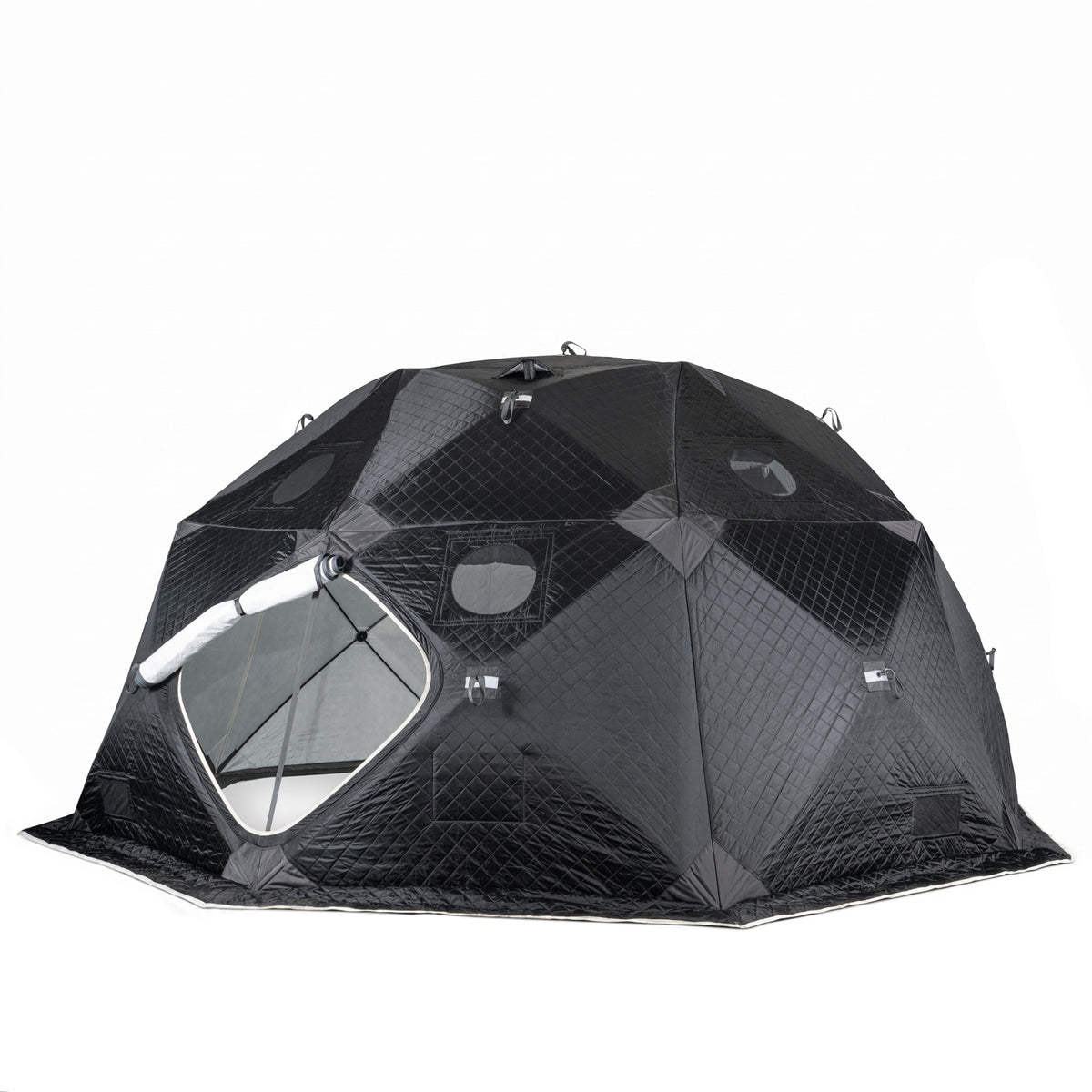 SaunaTrekker XL sauna tent with the door open, angled view