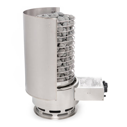 Titan SL1 heat shield installed on the gas sauna heater, side view