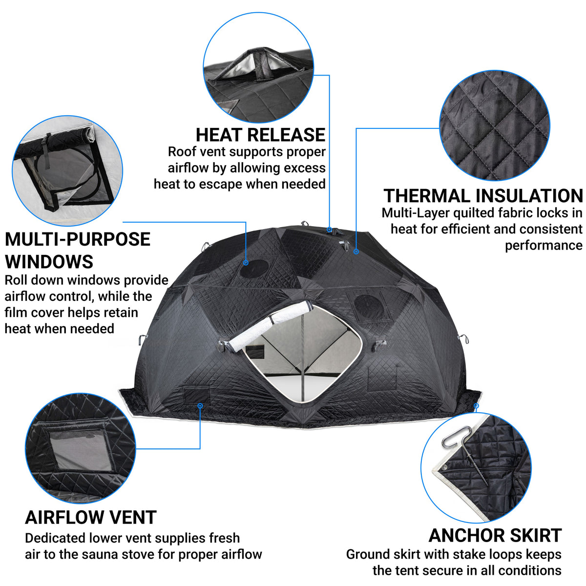 SaunaTrekker XL features: heat release roof vent, multi-purpose windows, airflow vent, thermal insulation and anchor skirt