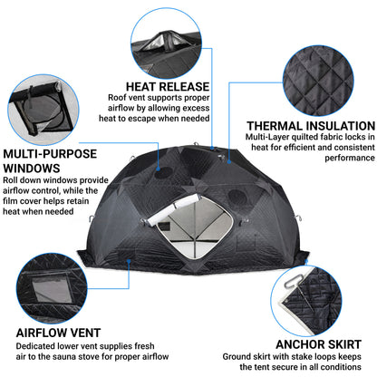 SaunaTrekker XL features: heat release roof vent, multi-purpose windows, airflow vent, thermal insulation and anchor skirt