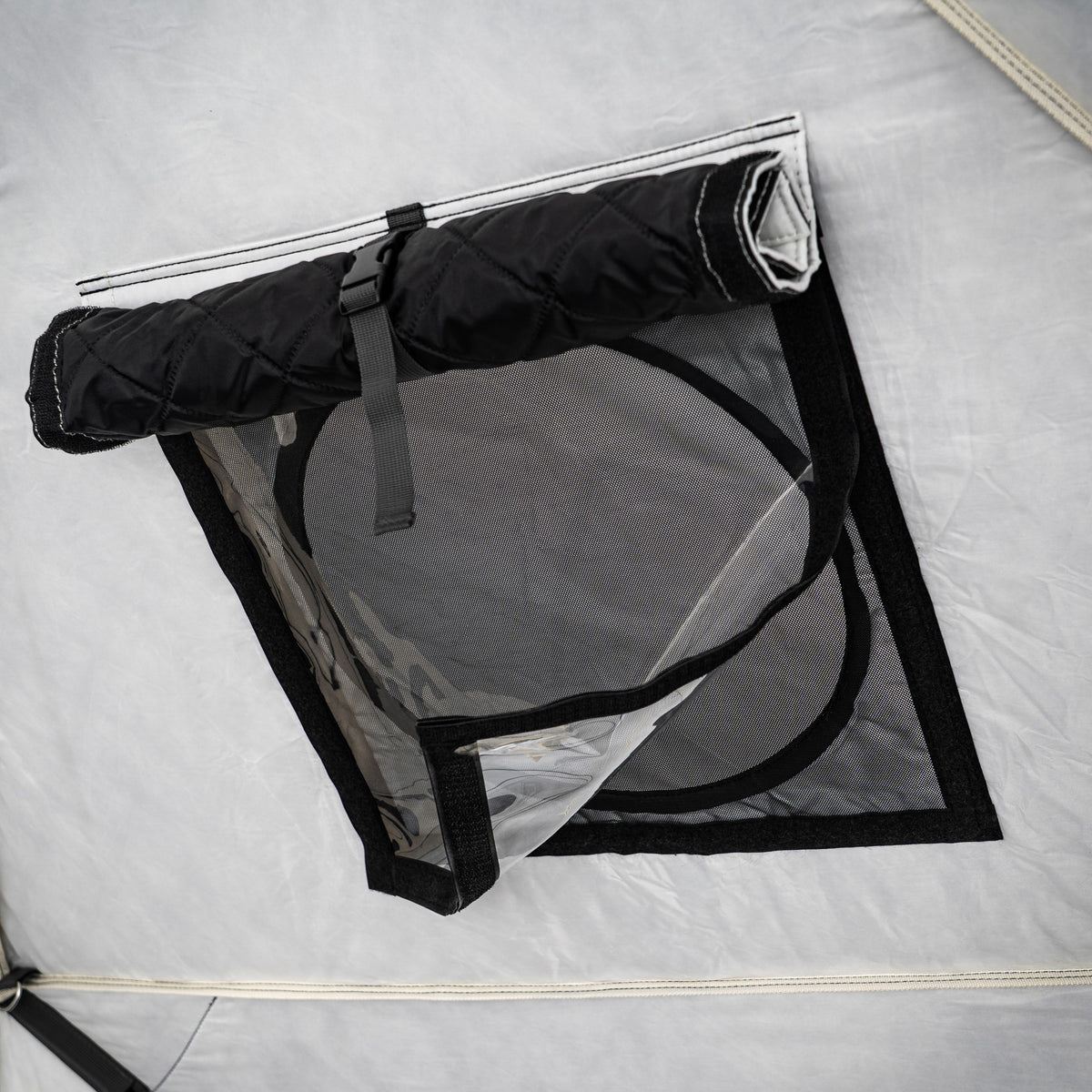 SaunaTrekker XL roll-down window with insulated cover