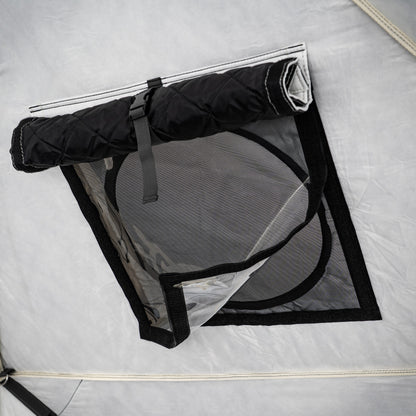 SaunaTrekker XL roll-down window with insulated cover