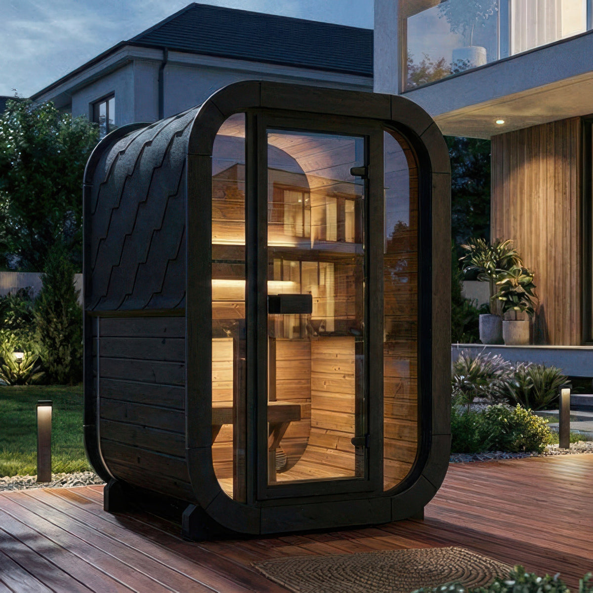 SaunaLife Model CL3GB Cube Luxury Series Outdoor Home Sauna Kit installed on a patio