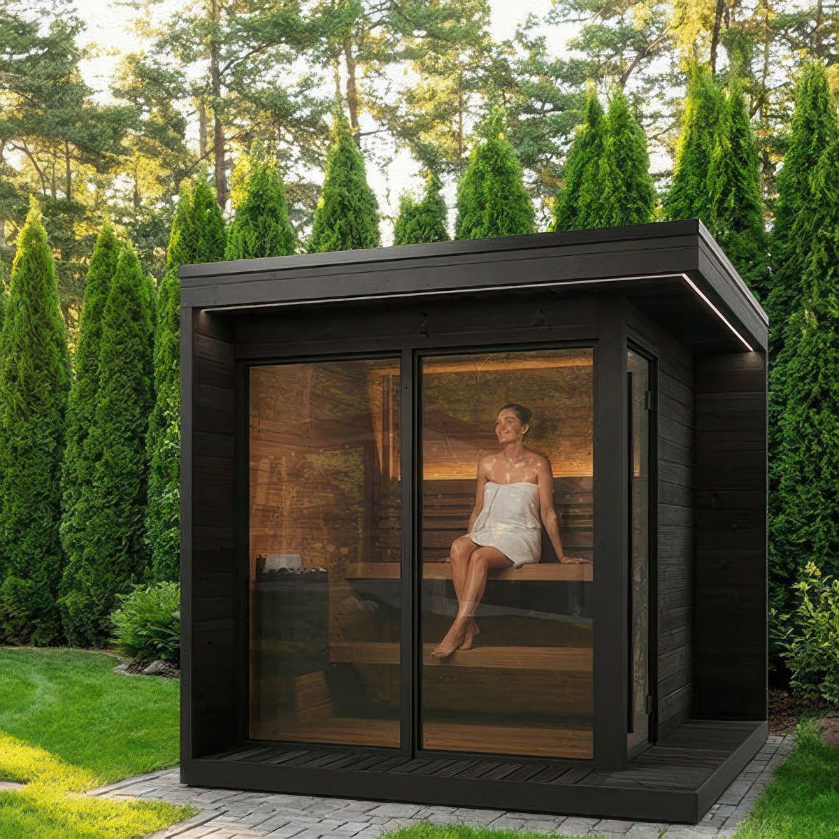 SaunaLife Model GL6B Garden Luxury Series Outdoor Home Sauna Kit set up in a backyard