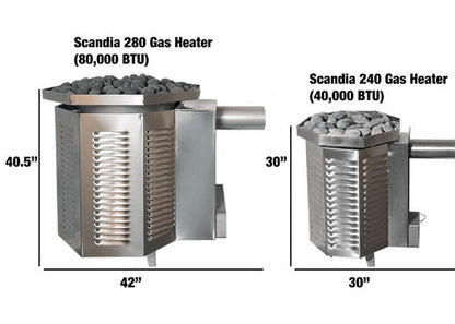 Scandia 40K BTU Gas Sauna Heater — shown beside the 80K BTU