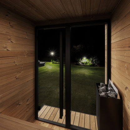 Interior lighting and woodwork of the SaunaLife Model GL4B