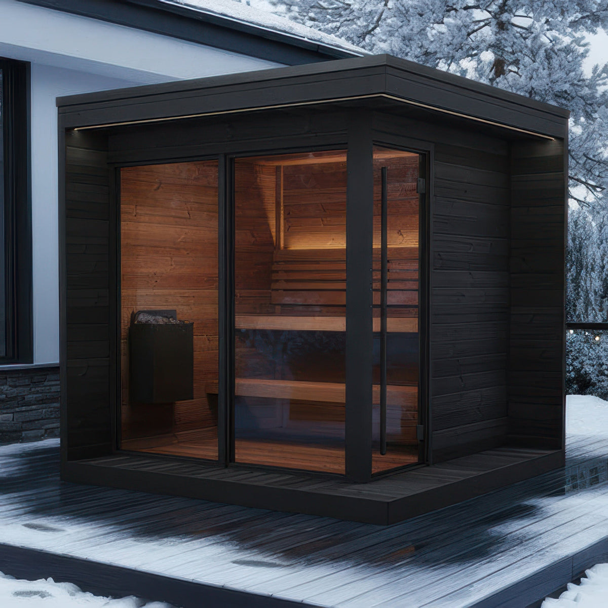 SaunaLife Model GL6B Garden Luxury Series Outdoor Home Sauna Kit outdoors in the snow
