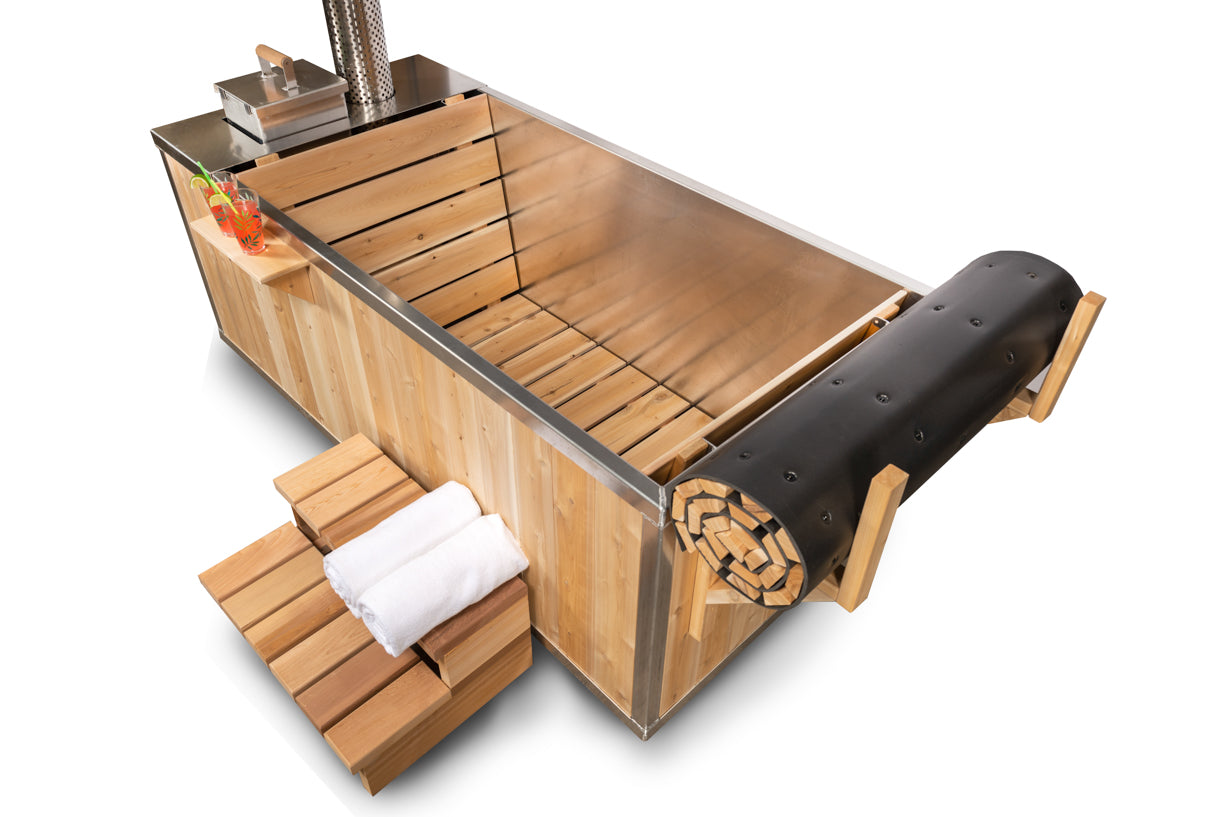 Starlight hot tub with the cedar roll up cover rolled back