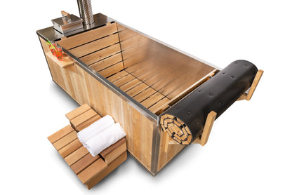Starlight hot tub with the cedar roll up cover rolled back