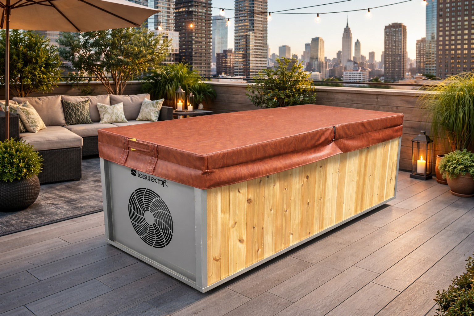 The Flow cold plunge tub with vinyl cover fitted, rooftop patio