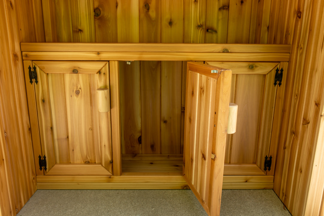 Southern Fantasy tiki bar cabinet with doors open showing storage