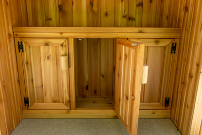 Southern Fantasy tiki bar cabinet with doors open showing storage