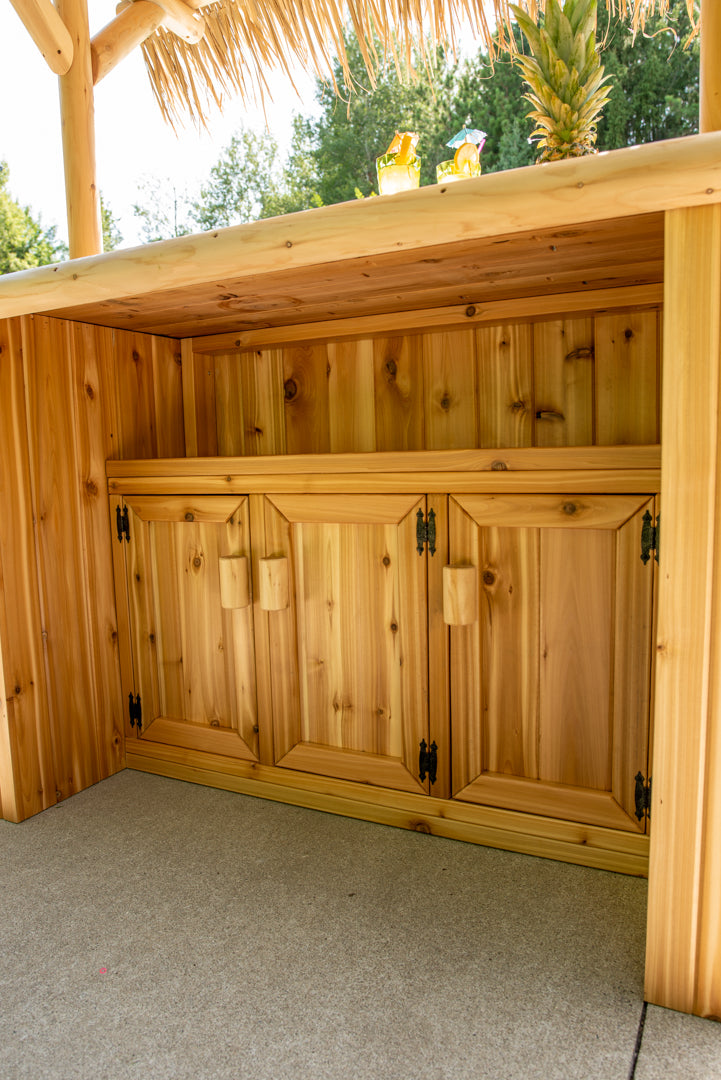Cedar cabinet installed in the Southern Fantasy tiki bar, angled view