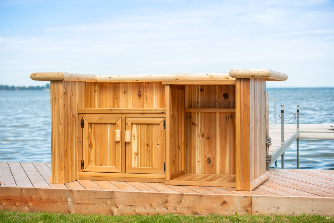 Tropical Paradise tiki bar cabinet, two cedar doors and open fridge bay
