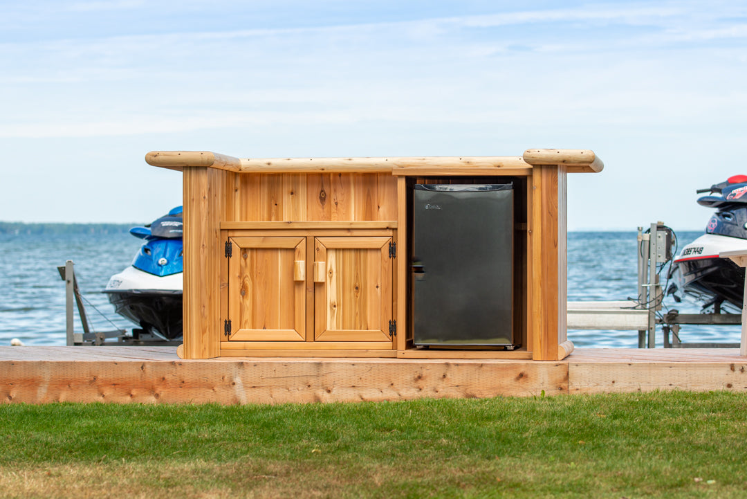 Tropical Paradise tiki bar cabinet with a fridge fitted in the opening