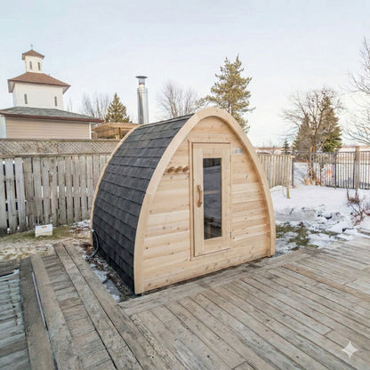 Canadian Timber MiniPOD sauna on a backyard deck in winter