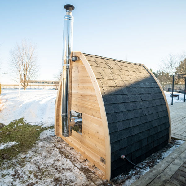 MiniPOD side view showing the chimney and shingled roof