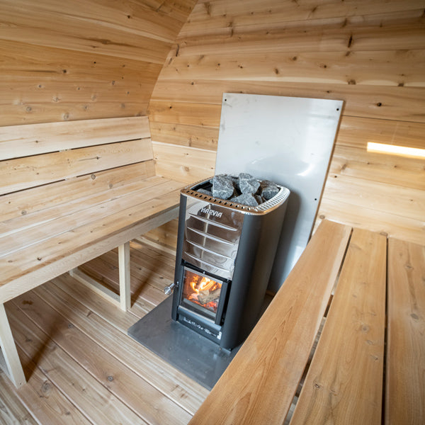 MiniPOD interior close-up of the Harvia heater and sauna stones