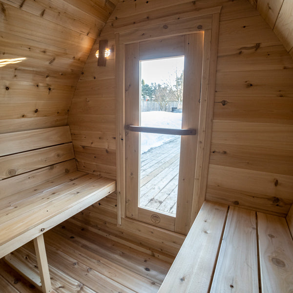 MiniPOD interior — cedar benches and glass door