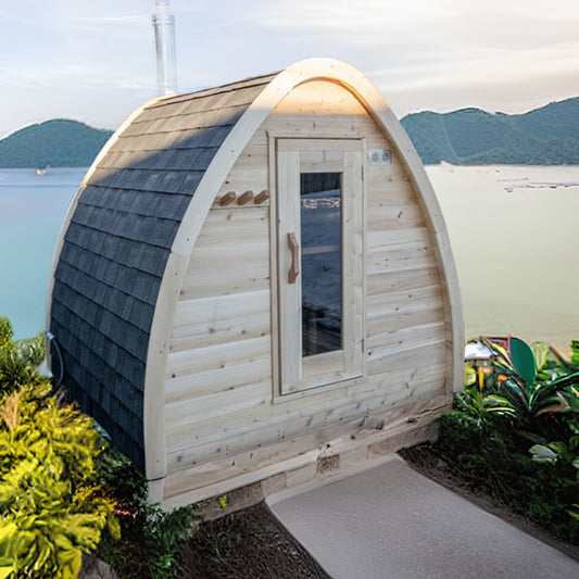 Canadian Timber MiniPOD cedar sauna overlooking a lake