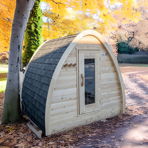 Canadian Timber MiniPOD cedar sauna under autumn trees