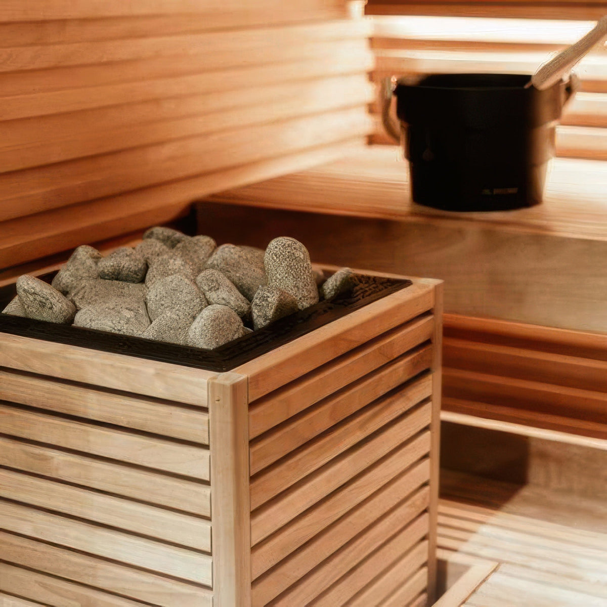 HUUM CORE Series sauna heater, thermo-aspen wood exterior, in sauna