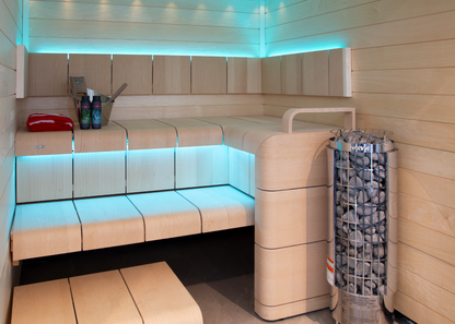 Harvia Cilindro Half PC80 - sauna interior with blue mood lighting