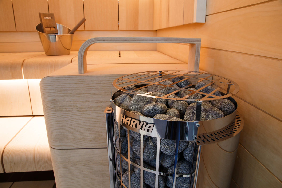 Harvia Cilindro Half PC80 - sauna interior with heater and safety railing